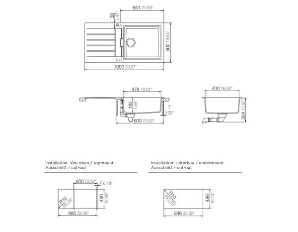 Évier en quartz "Galvani" blanc - 1 cuve - Cooke and Lewis - Brico Dépôt