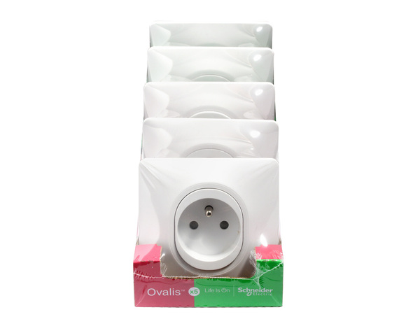 Lot de 5 prises 2P+T blanc avec plaques "Ovalis" blanc - Brico Dépôt