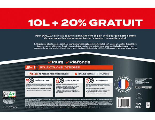 Peinture blanche intérieure 2 en 1 sous couche intégrée satin 10 L + 20% gratuit - Evalux - Brico Dépôt
