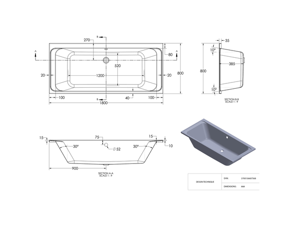 Baignoire droite NF "Calicia" L. 180 x l. 80 cm - Cooke and Lewis - Brico Dépôt