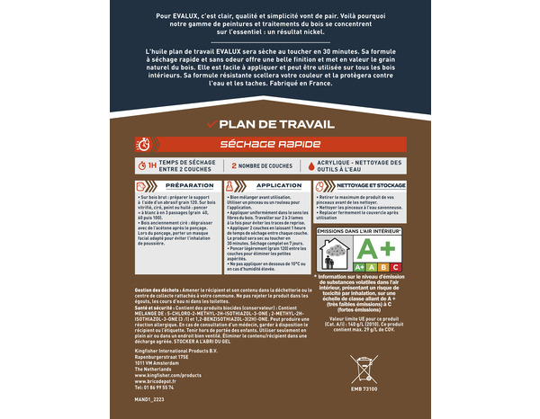 Huile plan de travail incolore 0,5 L mat - Evalux - Brico Dépôt