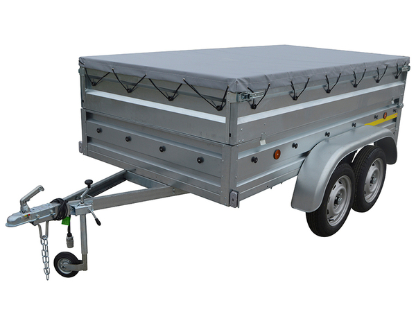 Remorque double essieux + bâche plate - Dim ext. de la caisse : L. 256 x l. 134 x P. 30 cm. - Brico Dépôt