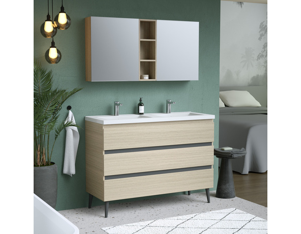 Meuble sous vasque double à poser decor bois clair/gris "style" l.120 x h.86 x p.45 cm - Brico Dépôt