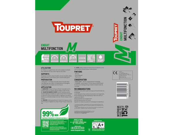 Enduit multifonctions, rebouche les trous, colle, égalise, lisse - Sac 15 Kg - Toupret - Brico Dépôt
