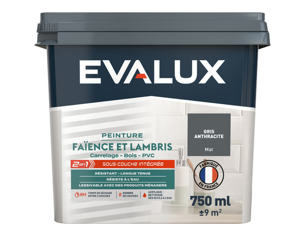 Peinture faïence et lambris Mat 0,75 L Gris Anthracite - Evalux - Brico Dépôt