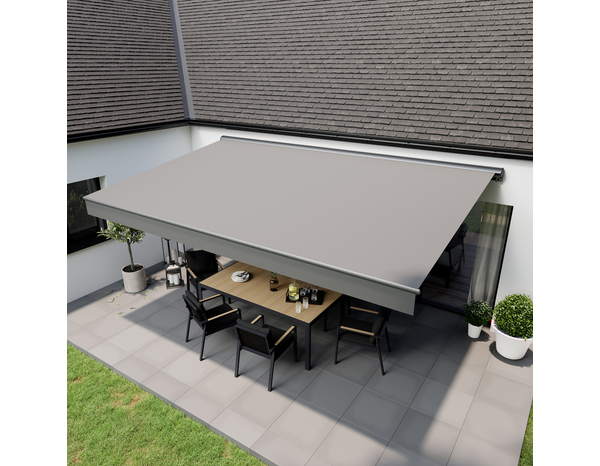 Store banne motorisé gris - 5 x 3 m avec semi-coffre - Marque BLOOMA - Brico Dépôt