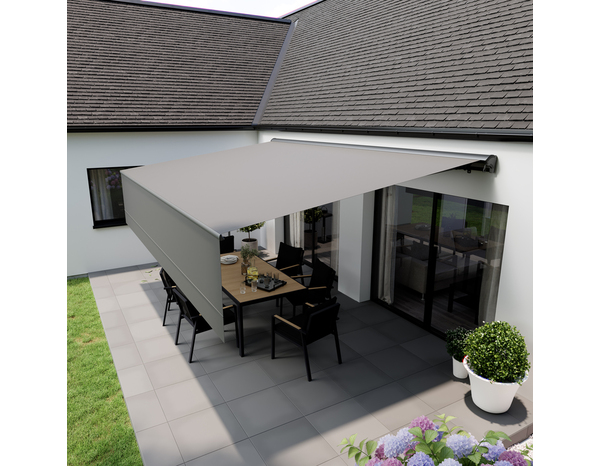 Store banne motorisé gris - 5 x 3 m avec semi-coffre - Marque BLOOMA - Brico Dépôt