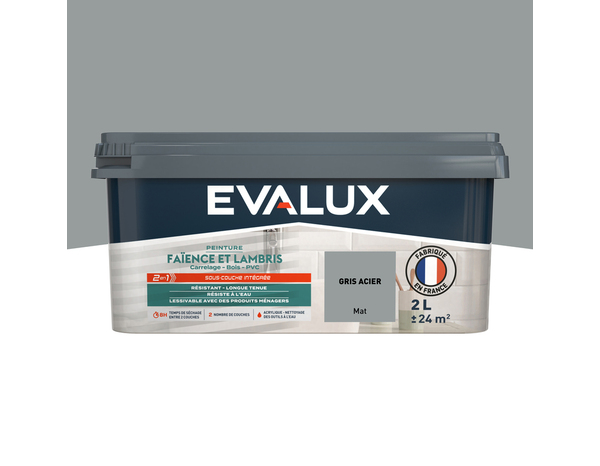 Peinture faïence et lambris Mat 2 L Gris Acier - Evalux - Brico Dépôt