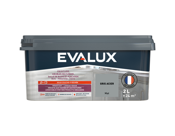 Peinture meuble de cuisine et salle de bains 2 L Mat Gris Acier - Evalux - Brico Dépôt