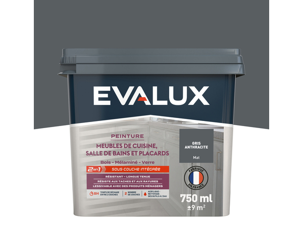 Peinture meuble de cuisine et salle de bains 0,75 L Mat Gris Anthracite - Evalux - Brico Dépôt