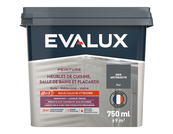 Peinture meuble de cuisine et salle de bains 0,75 L Mat Gris Anthracite - Evalux - Brico Dépôt