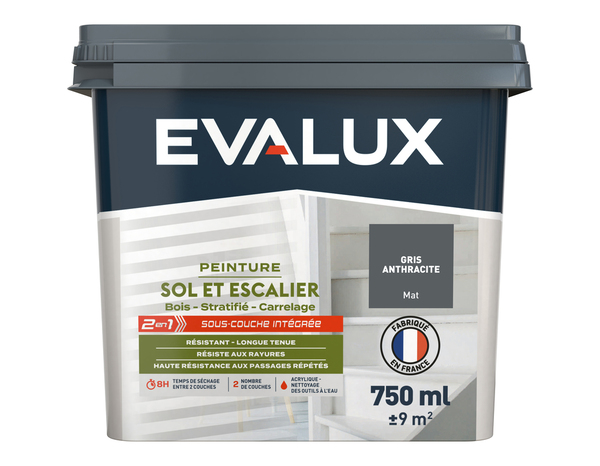 Peinture sol et escalier Mat 0,75 L Gris Anthracite - Evalux - Brico Dépôt
