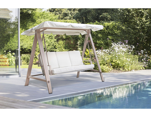 Balancelle en acier imitation bois avec coussins - Brico Dépôt