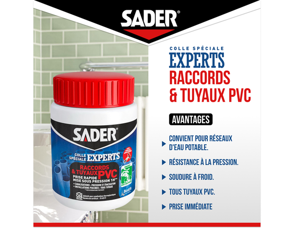Colle raccords et tuyaux PVC – Pot de 250ml avec pinceau intégré - Sader - Brico Dépôt