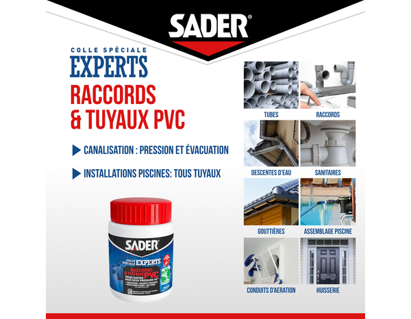 Colle raccords et tuyaux PVC – Pot de 250ml avec pinceau intégré - Sader - Brico Dépôt