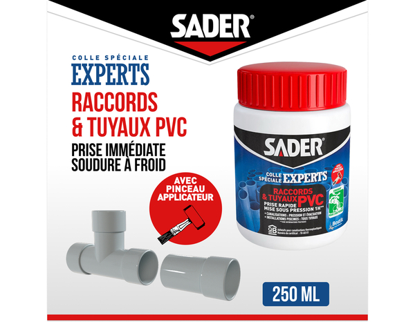 Colle raccords et tuyaux PVC – Pot de 250ml avec pinceau intégré - Sader - Brico Dépôt