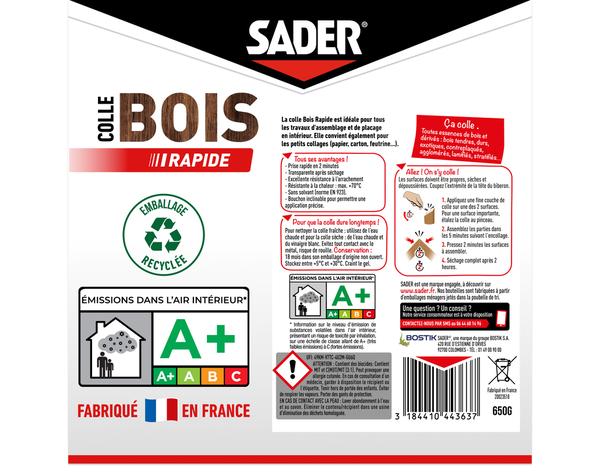 Colle à bois à prise rapide sur tous type de bois - 650 g - Sader - Brico Dépôt