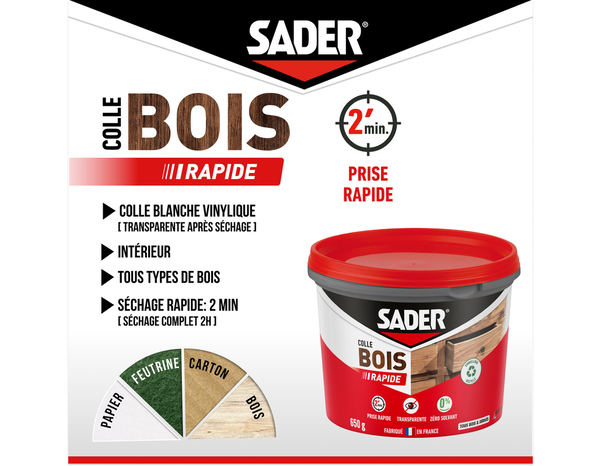 Colle à bois à prise rapide sur tous type de bois - 650 g - Sader - Brico Dépôt