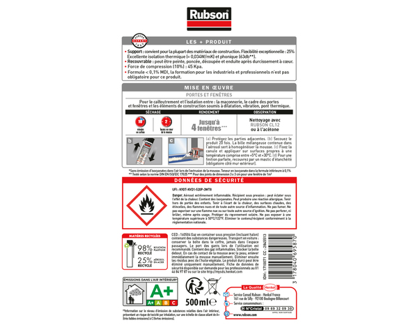 Mousse expansive isolation cadres de portes et de fenêtres, coloris blanc 500 ml - Rubson - Brico Dépôt