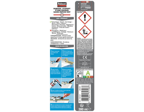 Mastic bain & cuisine, joint silicone multi-matériaux couleur noir intense, 280 ml - Rubson - Brico Dépôt