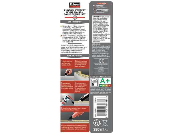 Mastic acrylique murs & fenêtres, couleur blanc cartouche 280 ml - Rubson - Brico Dépôt