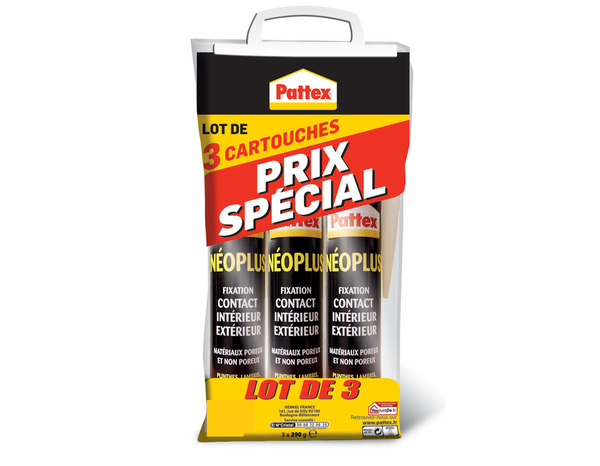 Lot de 3 cartouches, colle de fixation Néoplus type néoprène, tous matériaux, 390 g - Pattex - Brico Dépôt