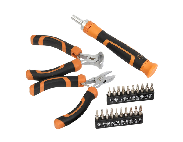 Lot de 2 mini pinces, 20 embouts de précision et 1 tournevis à cliquet - MAGNUSSON - Brico Dépôt