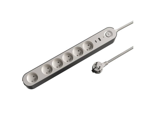 Bloc 6 prises 1,5 m gris et blanc USB A + C - Brico Dépôt
