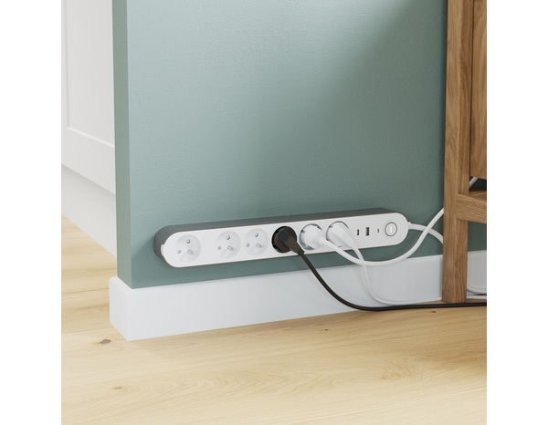 Bloc 6 prises 1,5 m gris et blanc USB A + C - Brico Dépôt