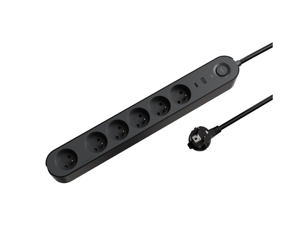 Bloc 6 prises 1,5 m gris et noir USB A + C - Brico Dépôt