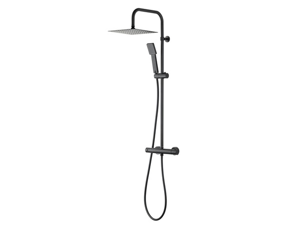 Colonne de douche thermostatique DINT noire, avec barre inox, pomme, douchette et flexible - Brico Dépôt