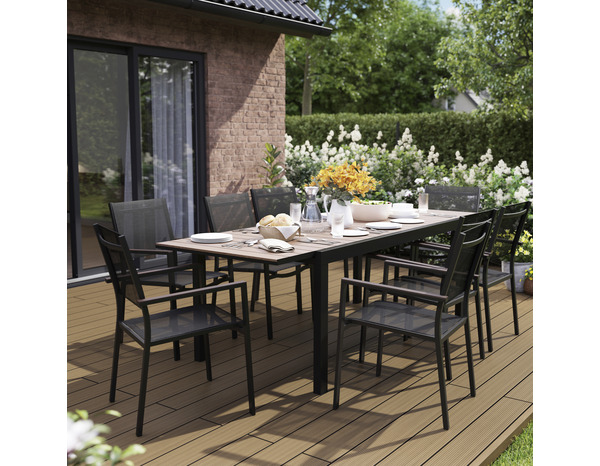 Table en aluminium et plateau imitation bois "AMELA" - L. 161,5 x l. 100 x H. 75,5 cm. - Marque BLOOMA - Brico Dépôt