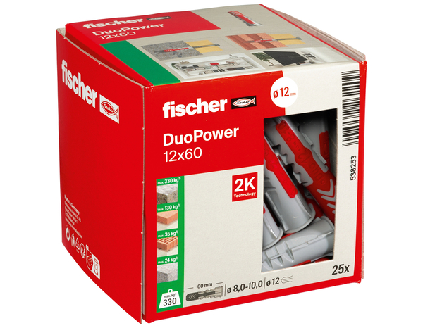 Cheville à expansion DuoPower 12x60 en nylon - 25 pièces, Idéal pour Béton et Plaques - Fischer - Brico Dépôt