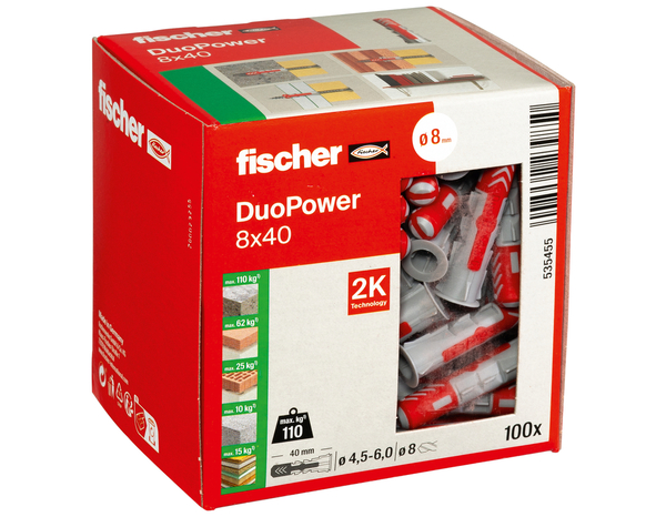 Chevilles à expansion DuoPower Ø8x40 en nylon - Boîte de 100, idéales pour tous matériaux - Fischer - Brico Dépôt