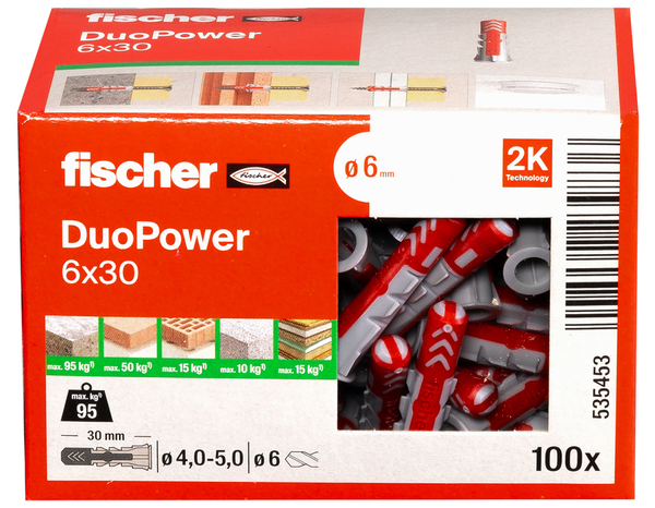 Chevilles à expansion DuoPower Ø6x30 - 100 pièces en nylon pour tous matériaux - Fischer - Brico Dépôt
