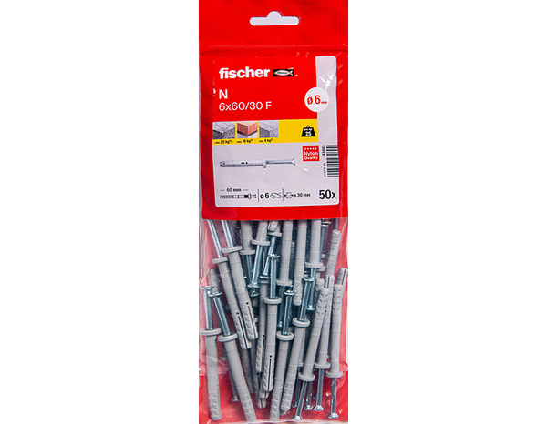 Chevilles à frapper en nylon 6x60 mm - 50 pièces, pour béton et brique - Fischer - Brico Dépôt