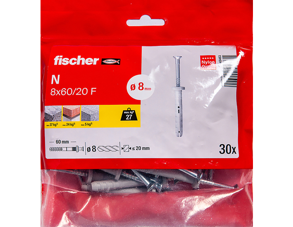Cheville à frapper nylon N-F 8x60 - 30P pour montage traversant en béton - Fischer - Brico Dépôt