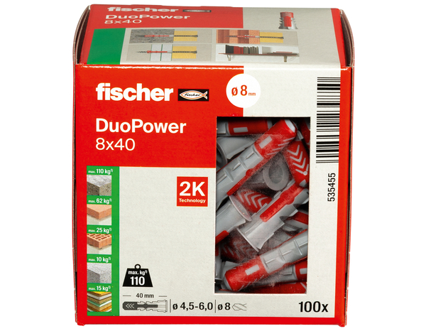 Chevilles à expansion DuoPower Ø8x40 en nylon - Boîte de 100, idéales pour tous matériaux - Fischer - Brico Dépôt