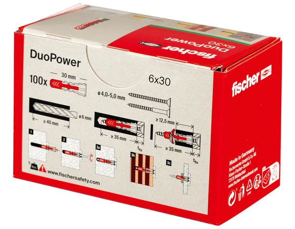 Chevilles à expansion DuoPower Ø6x30 - 100 pièces en nylon pour tous matériaux - Fischer - Brico Dépôt