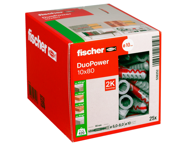 Cheville à expansion DuoPower 10x80 en nylon - 25 pièces, Idéal pour Béton et Plaques - Fischer - Brico Dépôt