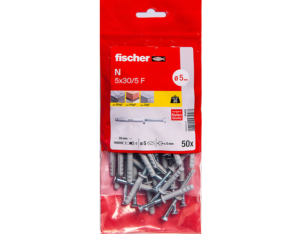 Cheville à frapper N 5x30 en nylon - Fixation pour béton et briques (50 pièces) - Fischer - Brico Dépôt