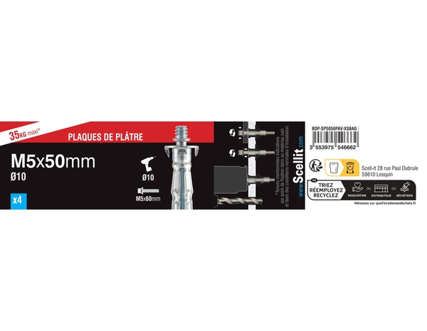Cheville à expansion Spyder en acier 5x52mm - Pack de 4 pour plaque de plâtre - Scell-it - Brico Dépôt