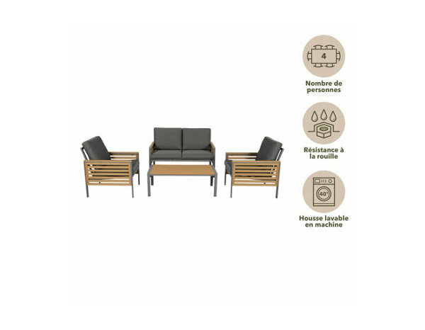 Salon de jardin 4 places en aluminium décor bois "HIBISCA" - Marque BLOOMA - Brico Dépôt
