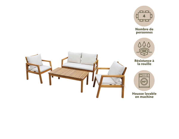 Salon de jardin en bois 4 places avec coussins beiges "TALICA" - Marque BLOOMA - Brico Dépôt