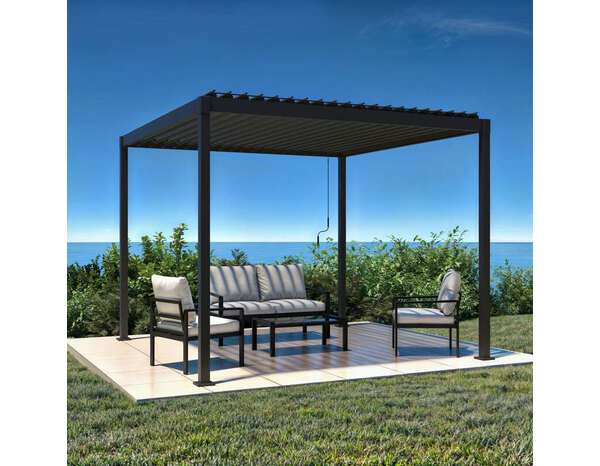 Salon de jardin en aluminium noir et gris avec coussins - 4 personnes - Brico Dépôt