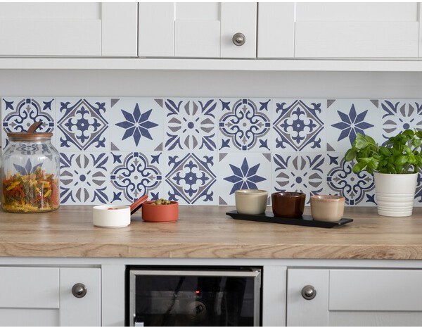 6 dalles murales PVC adhésives blanc, bleu, gris effet carreaux de ciment "NADIA" 15X15 cm - Brico Dépôt