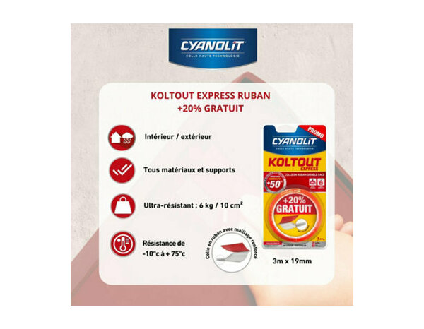 Colle en ruban 3 m x 19 mm + 20% - Cyanolit - Brico Dépôt