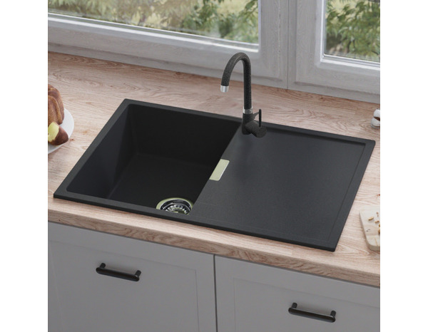 Kit évier encastré 78x50 cm quartz résine mat noir métallisé avec robinet - Brico Dépôt