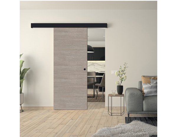 Kit porte coulissante aspect bois H.204 x L.83 + rail aluminium/MDF noir 160cm OPTIMUM - Brico Dépôt