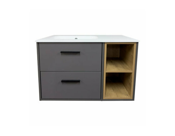 Ensemble TOLMAN 80 cm gris mat effet bois meuble sous-vasque mural avec vasque résine - Brico Dépôt